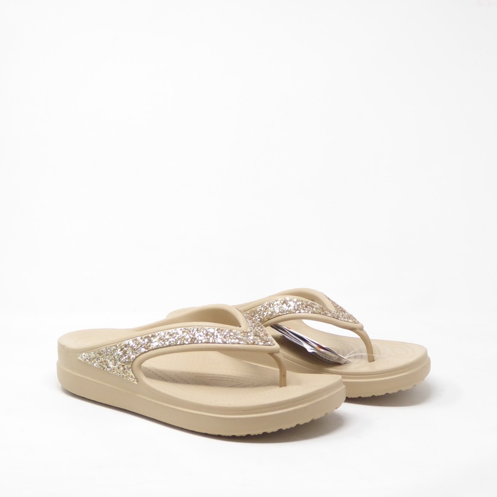 NEW Crocs Women Flip Flop Sandals Beige Sloane Glitter Platform Size 11